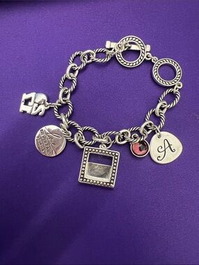 Silver-Tone Initial 'A' Charm Bracelet with Pink Accent